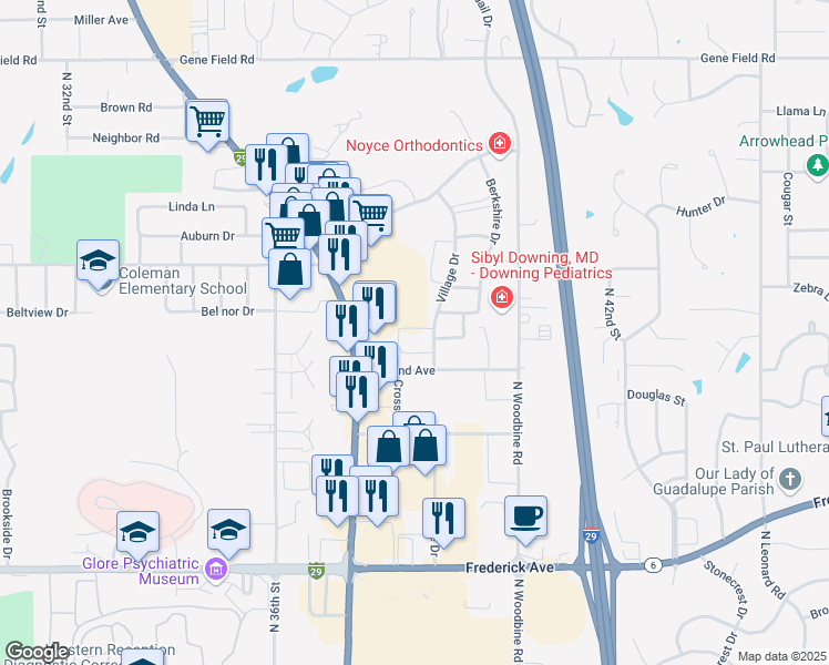 map of restaurants, bars, coffee shops, grocery stores, and more near 2010 Village Drive in Saint Joseph