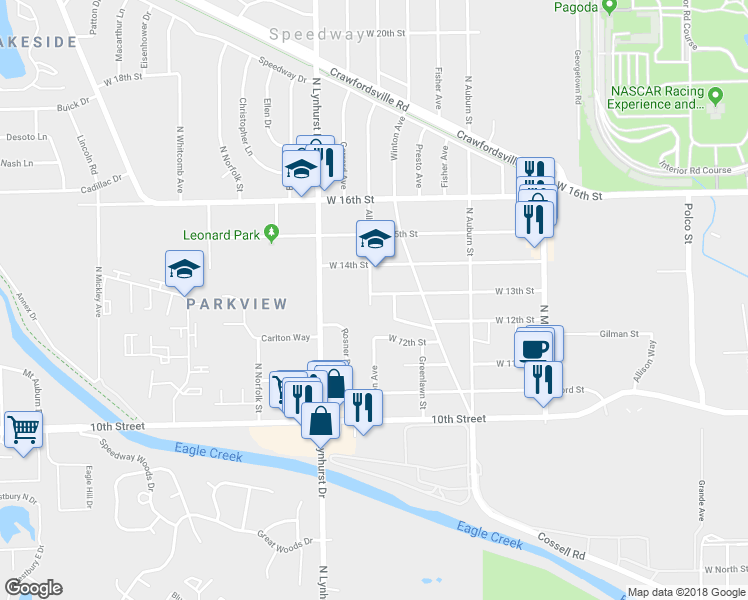 map of restaurants, bars, coffee shops, grocery stores, and more near 5151 West 14th Street in Indianapolis