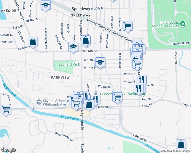 map of restaurants, bars, coffee shops, grocery stores, and more near 5151 West 14th Street in Indianapolis