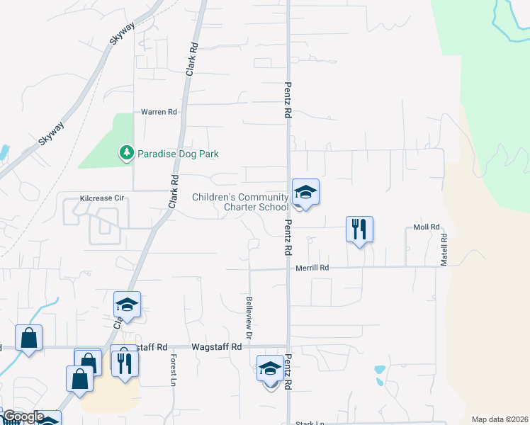 map of restaurants, bars, coffee shops, grocery stores, and more near 1653 Paradisewood Drive in Paradise