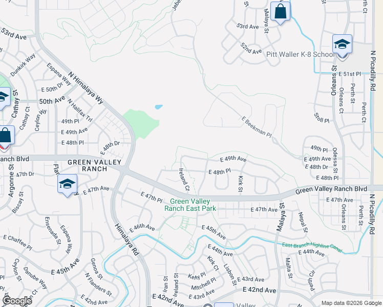 map of restaurants, bars, coffee shops, grocery stores, and more near 20375 East 49th Avenue in Denver