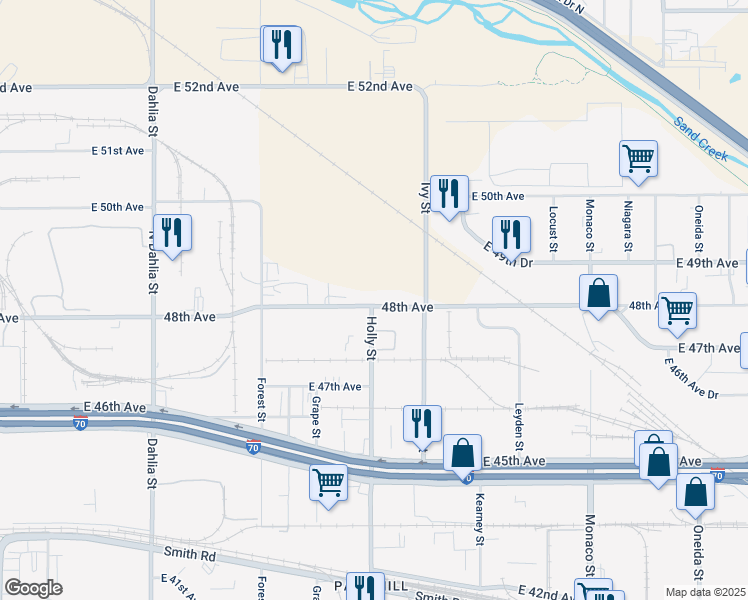 map of restaurants, bars, coffee shops, grocery stores, and more near 5607 E 48th Ave in Denver