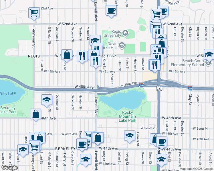 map of restaurants, bars, coffee shops, grocery stores, and more near 4832 King Street in Denver