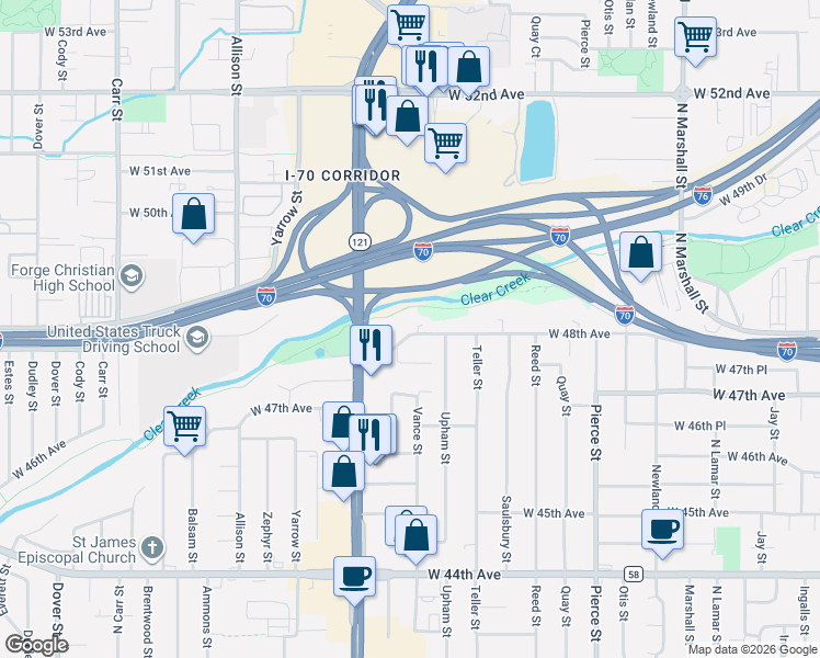 map of restaurants, bars, coffee shops, grocery stores, and more near 7401 West 48th Avenue in Wheat Ridge