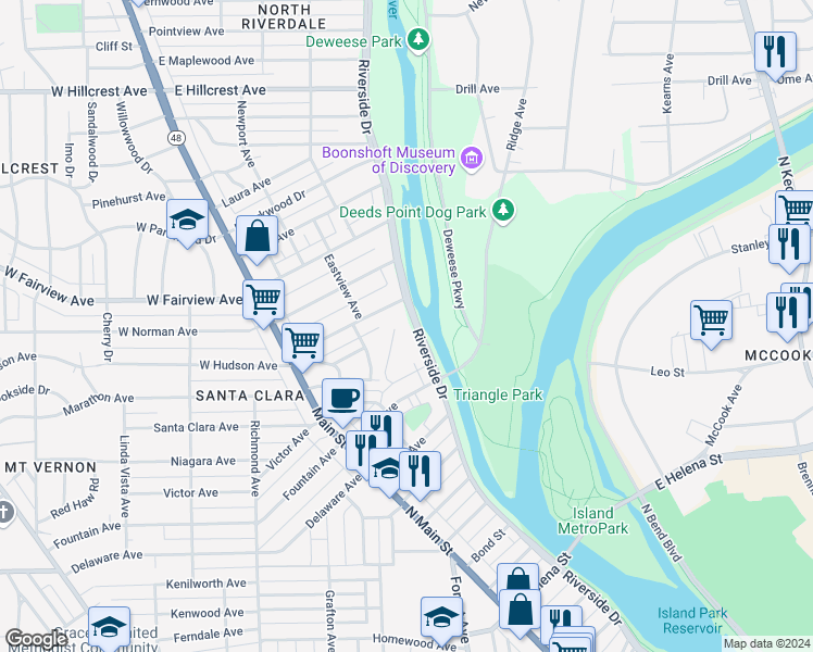 map of restaurants, bars, coffee shops, grocery stores, and more near in Dayton