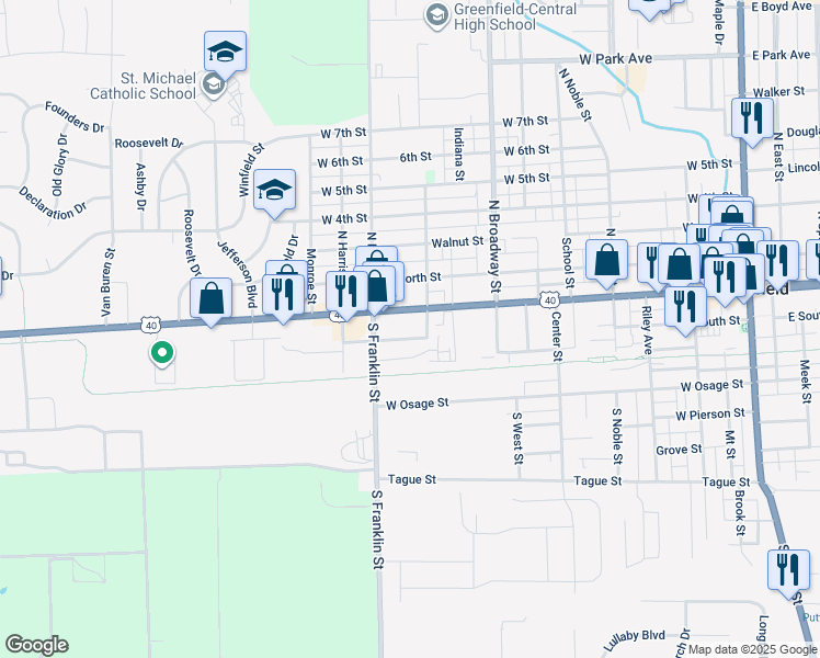 map of restaurants, bars, coffee shops, grocery stores, and more near 902 West Main Street in Greenfield