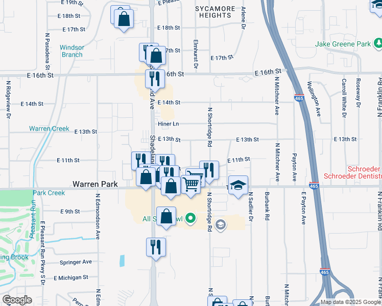 map of restaurants, bars, coffee shops, grocery stores, and more near 7167 East 13th Street in Indianapolis