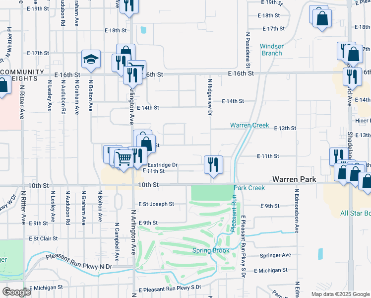 map of restaurants, bars, coffee shops, grocery stores, and more near 6204 East 12th Street in Indianapolis