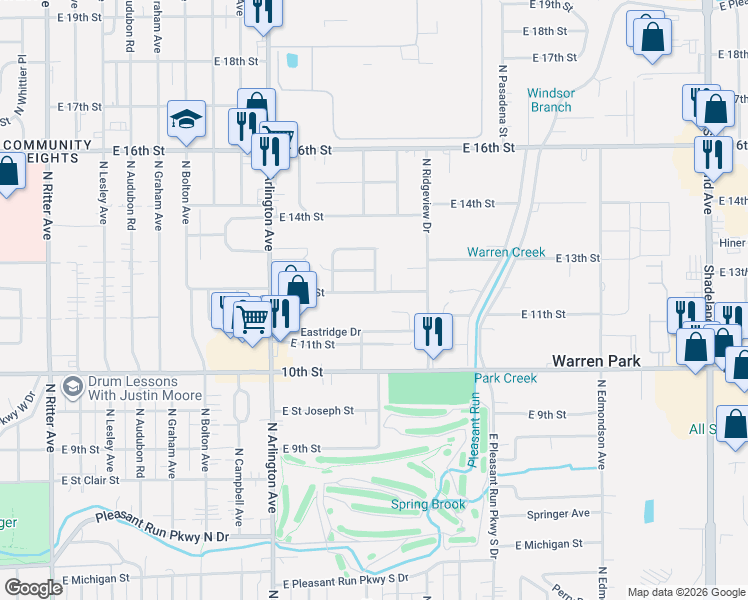 map of restaurants, bars, coffee shops, grocery stores, and more near 6204 East 12th Street in Indianapolis
