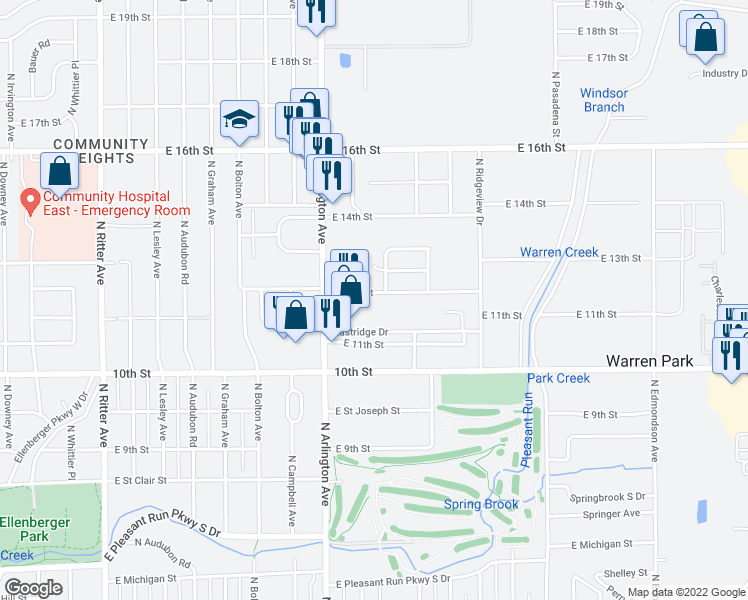 map of restaurants, bars, coffee shops, grocery stores, and more near 6020 East 12th Street in Indianapolis