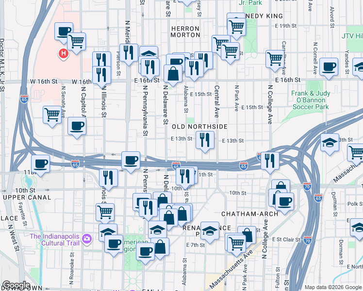 map of restaurants, bars, coffee shops, grocery stores, and more near 241 East 13th Street in Indianapolis