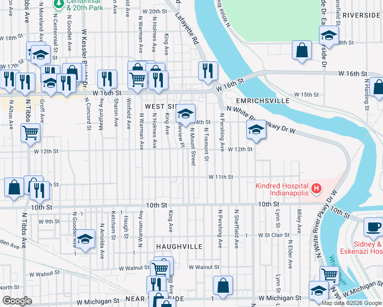 map of restaurants, bars, coffee shops, grocery stores, and more near 1205 Mount Street in Indianapolis
