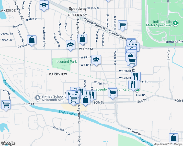 map of restaurants, bars, coffee shops, grocery stores, and more near 5165 West 13th Street in Indianapolis