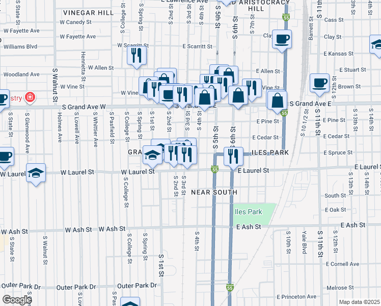 map of restaurants, bars, coffee shops, grocery stores, and more near 301 East Spruce Street in Springfield
