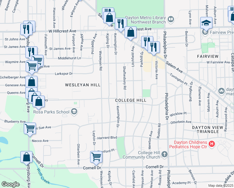 map of restaurants, bars, coffee shops, grocery stores, and more near 1922 Kensington Drive in Dayton