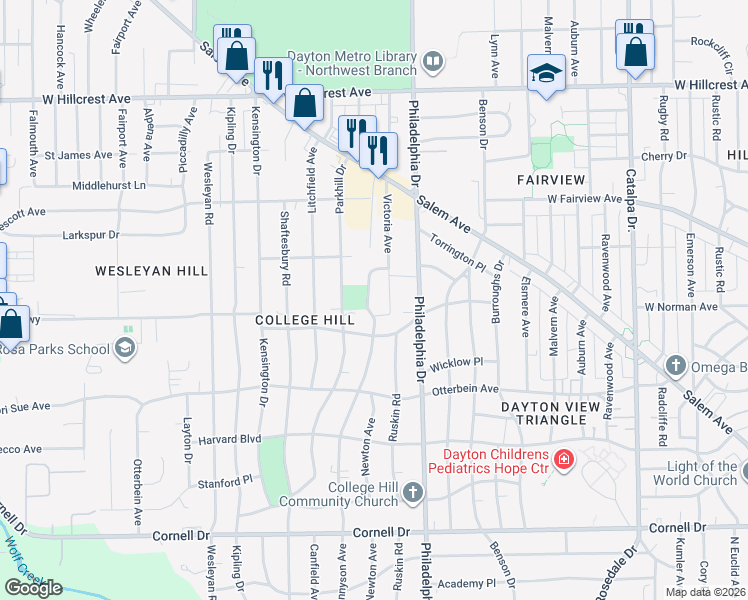 map of restaurants, bars, coffee shops, grocery stores, and more near in Dayton