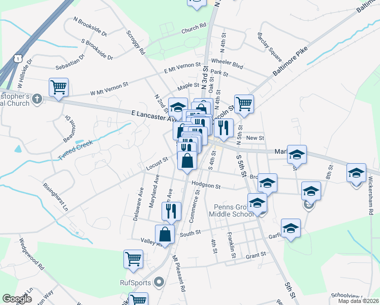 map of restaurants, bars, coffee shops, grocery stores, and more near 38 South 3rd Street in Oxford