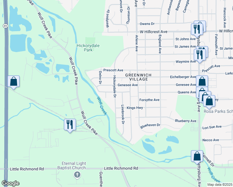 map of restaurants, bars, coffee shops, grocery stores, and more near 4942 Queens Avenue in Dayton