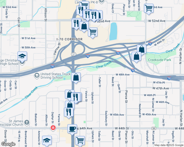 map of restaurants, bars, coffee shops, grocery stores, and more near 7301 West 48th Avenue in Wheat Ridge
