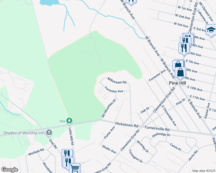 map of restaurants, bars, coffee shops, grocery stores, and more near 14 Players Lane in Pine Hill