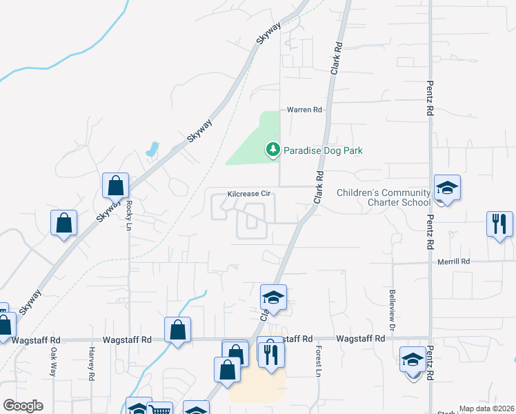 map of restaurants, bars, coffee shops, grocery stores, and more near 1461 Kristin Court in Paradise