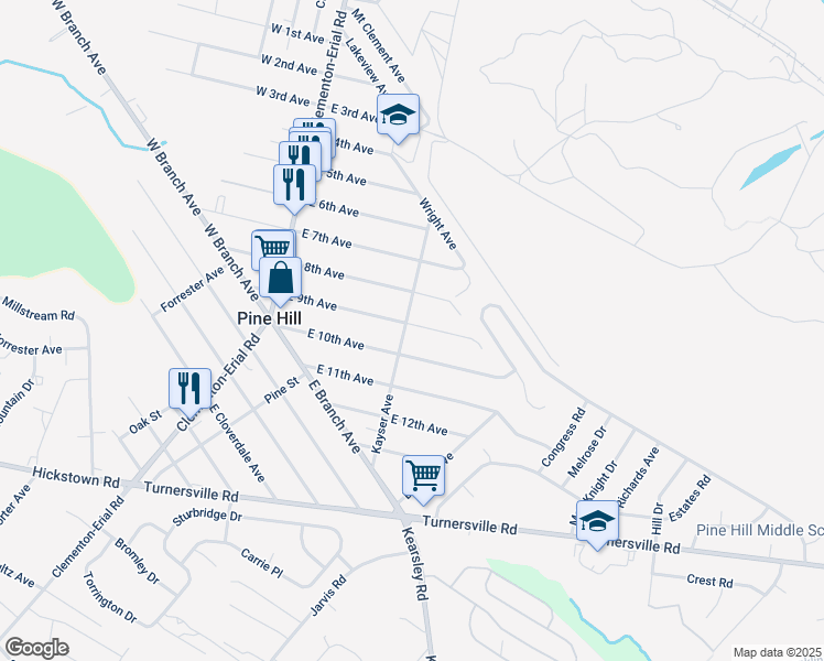 map of restaurants, bars, coffee shops, grocery stores, and more near 112 East 9th Avenue in Pine Hill
