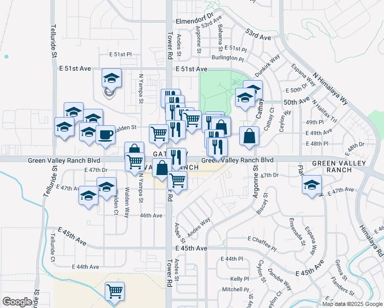map of restaurants, bars, coffee shops, grocery stores, and more near 18603 Green Valley Ranch Boulevard in Denver