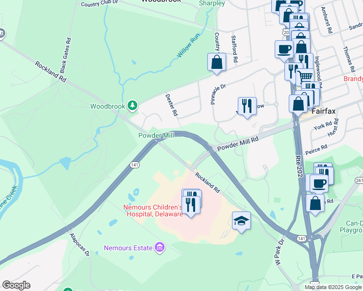 map of restaurants, bars, coffee shops, grocery stores, and more near 1515 Rockland Road in Wilmington