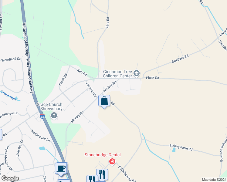 map of restaurants, bars, coffee shops, grocery stores, and more near 13629 Mount Airy Road in New Freedom