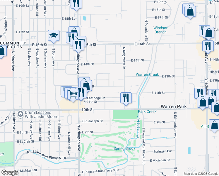 map of restaurants, bars, coffee shops, grocery stores, and more near 6204 East 12th Street in Indianapolis