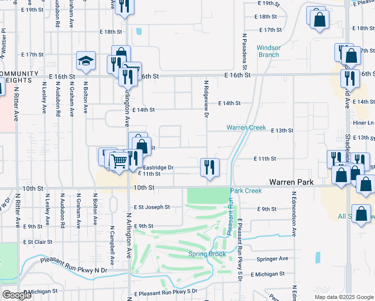 map of restaurants, bars, coffee shops, grocery stores, and more near 6215 East 12th Street in Indianapolis