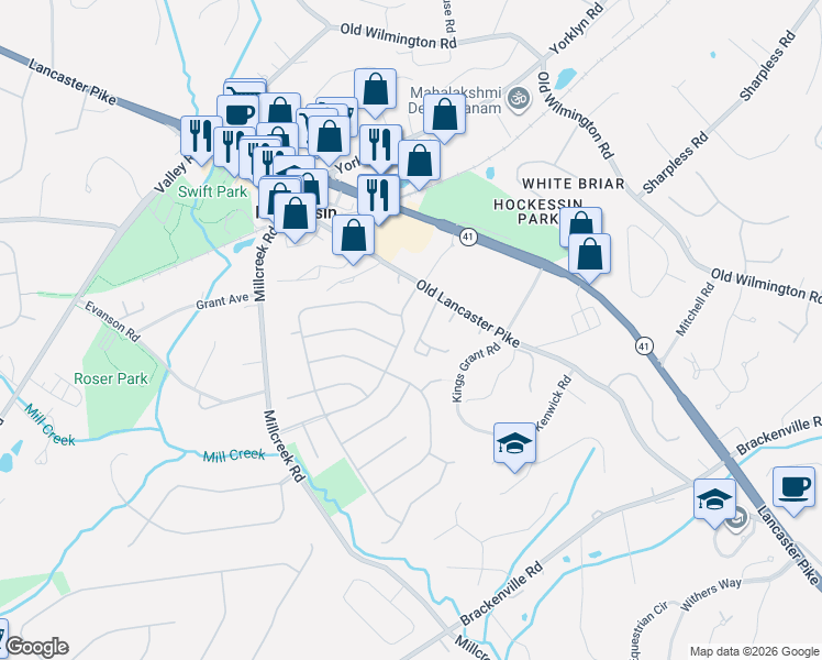 map of restaurants, bars, coffee shops, grocery stores, and more near 10 Roser Lane in Hockessin