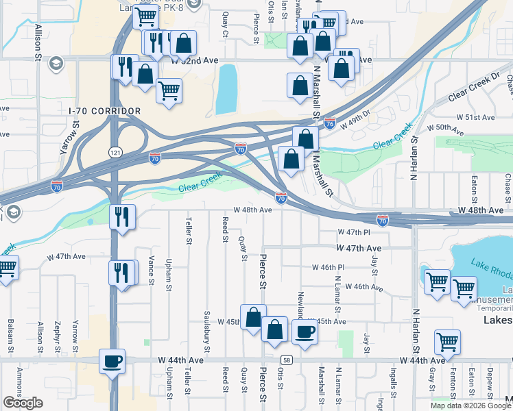 map of restaurants, bars, coffee shops, grocery stores, and more near 6821 West 48th Avenue in Wheat Ridge