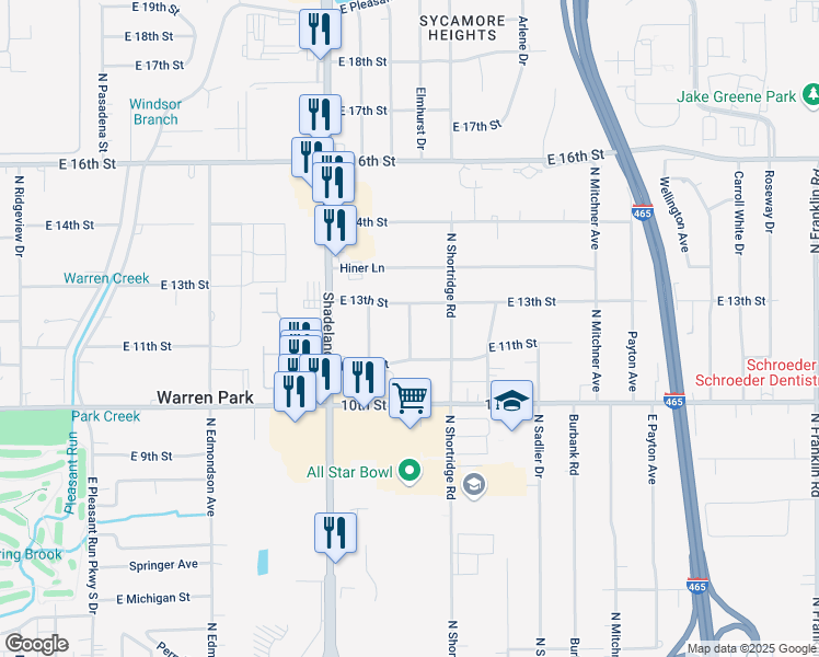 map of restaurants, bars, coffee shops, grocery stores, and more near 7167 East 13th Street in Indianapolis