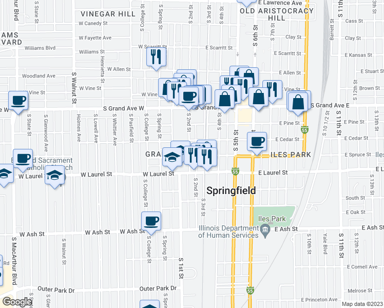 map of restaurants, bars, coffee shops, grocery stores, and more near 1528 South 2nd Street in Springfield