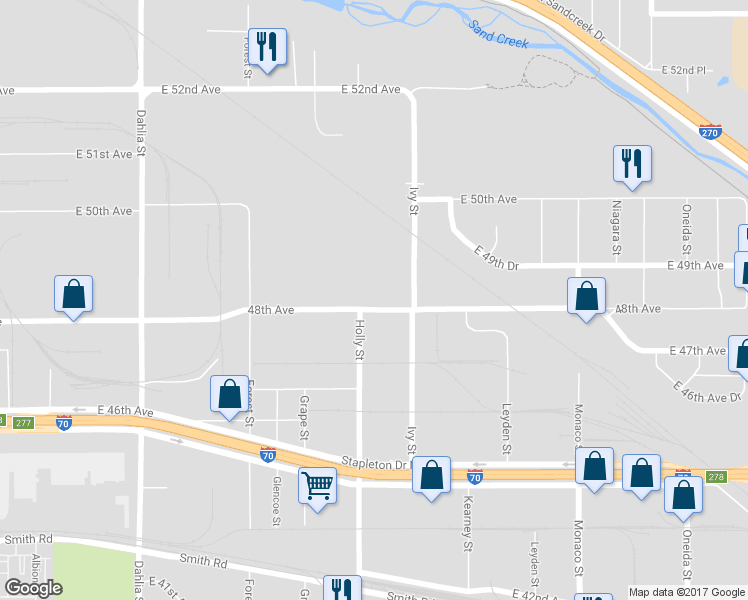 map of restaurants, bars, coffee shops, grocery stores, and more near 5607 East 48th Avenue in Denver