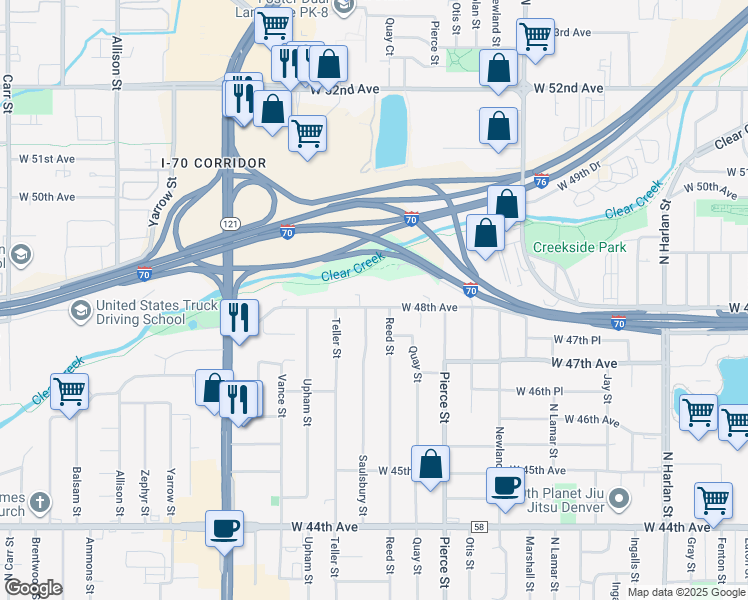 map of restaurants, bars, coffee shops, grocery stores, and more near 7055 West 48th Avenue in Wheat Ridge