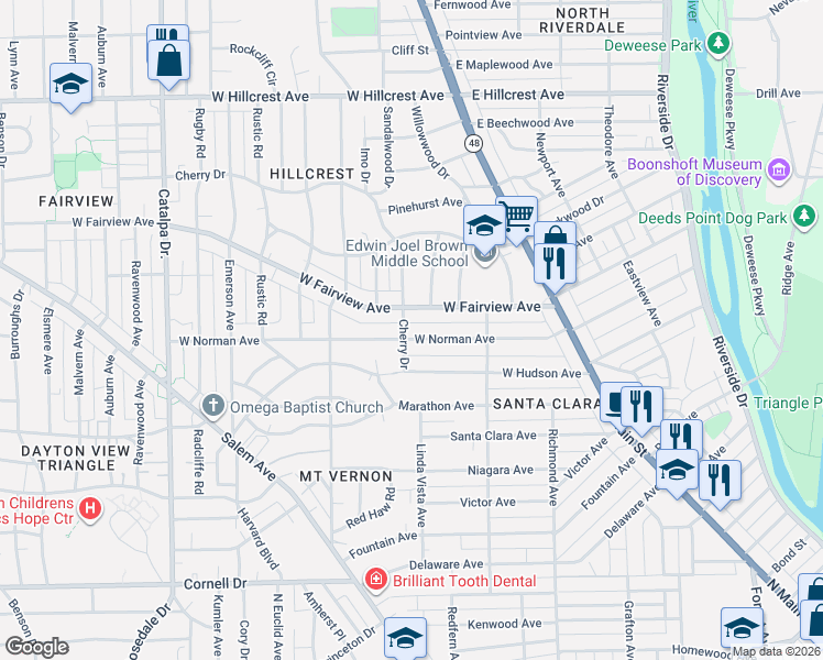 map of restaurants, bars, coffee shops, grocery stores, and more near 178 West Fairview Avenue in Dayton