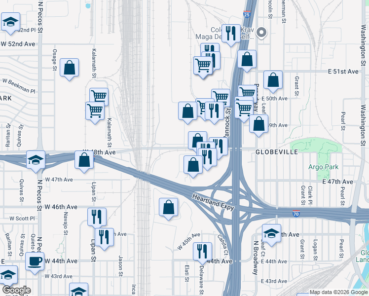 map of restaurants, bars, coffee shops, grocery stores, and more near W 48th Ave & Fox St in Denver