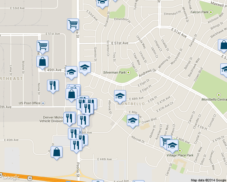 map of restaurants, bars, coffee shops, grocery stores, and more near 4830 Troy Street in Denver