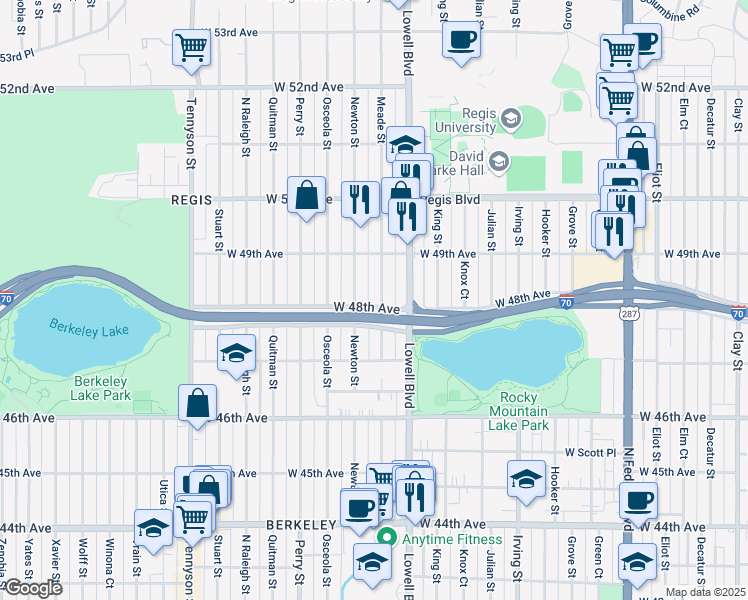 map of restaurants, bars, coffee shops, grocery stores, and more near 4833 Meade Street in Denver