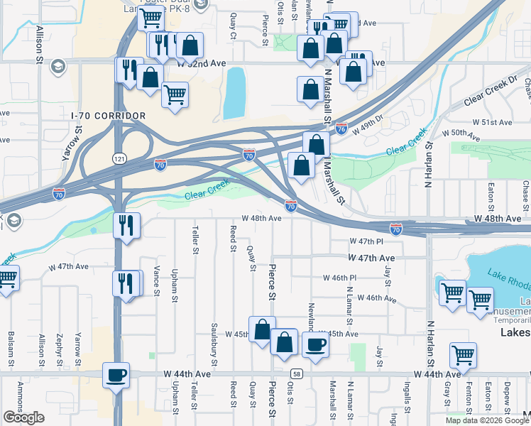 map of restaurants, bars, coffee shops, grocery stores, and more near 6821 West 48th Avenue in Wheat Ridge