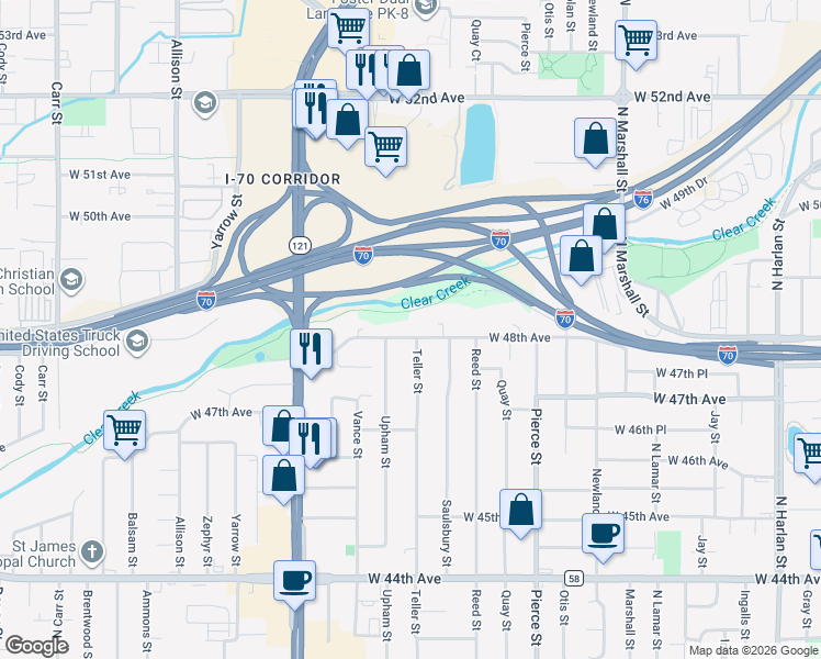 map of restaurants, bars, coffee shops, grocery stores, and more near 7185 West 48th Avenue in Wheat Ridge