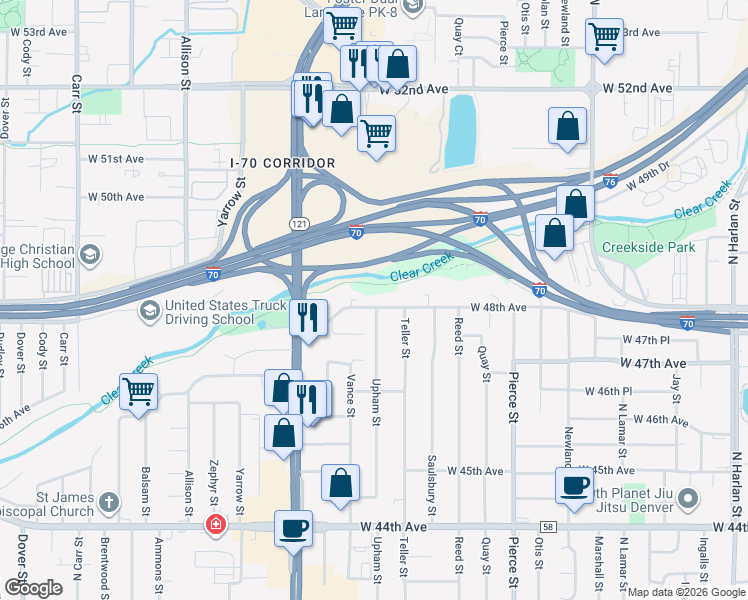 map of restaurants, bars, coffee shops, grocery stores, and more near 7301 West 48th Avenue in Wheat Ridge