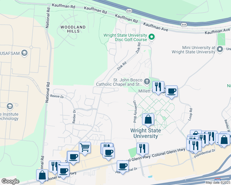 map of restaurants, bars, coffee shops, grocery stores, and more near 1300 Cimarron Circle in Fairborn