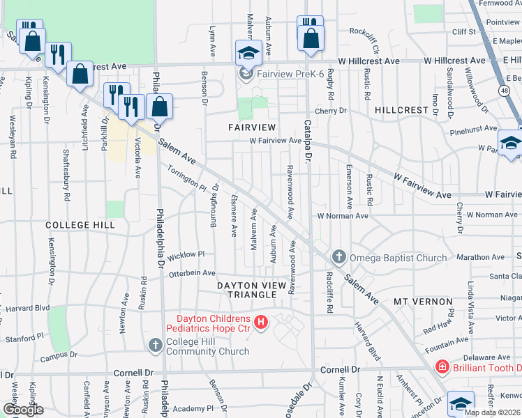 map of restaurants, bars, coffee shops, grocery stores, and more near 2010 Auburn Avenue in Dayton