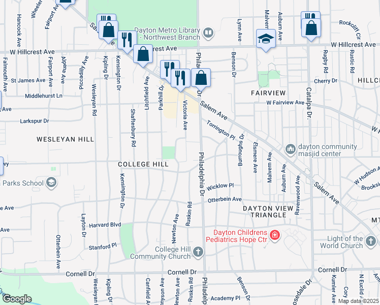 map of restaurants, bars, coffee shops, grocery stores, and more near 1966 Victoria Avenue in Dayton