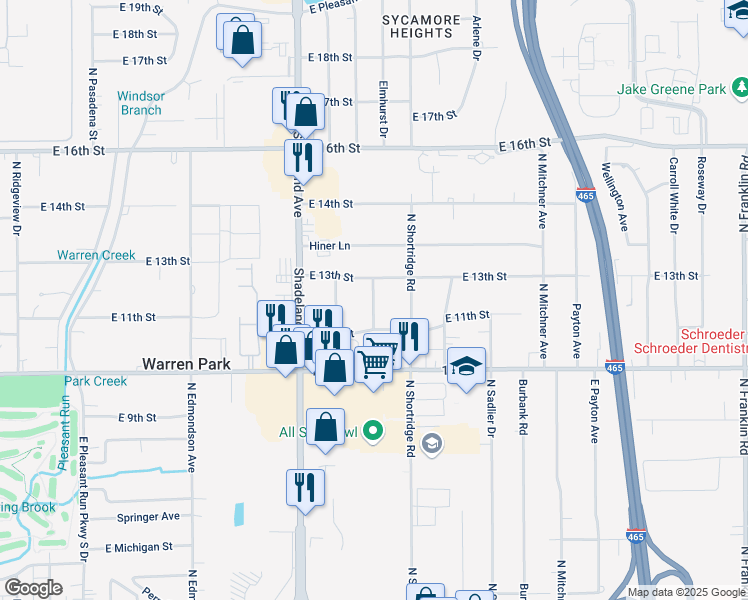 map of restaurants, bars, coffee shops, grocery stores, and more near 7167 East 13th Street in Indianapolis