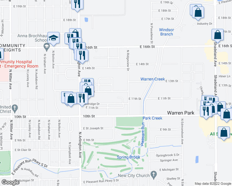 map of restaurants, bars, coffee shops, grocery stores, and more near 6204 East 12th Street in Indianapolis