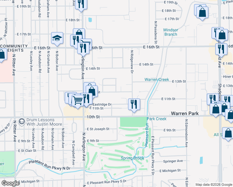 map of restaurants, bars, coffee shops, grocery stores, and more near 6204 East 12th Street in Indianapolis